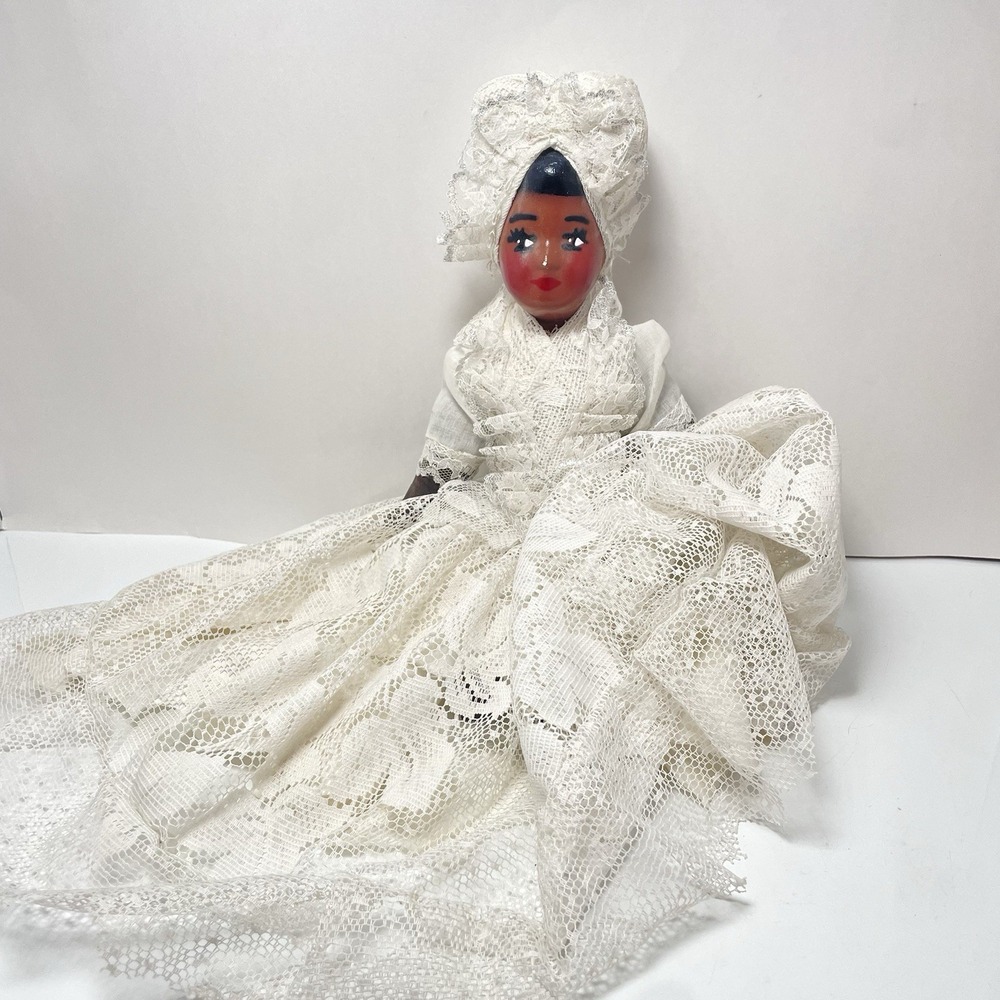 Vtg African‎ American Porcelain Head Bride Doll Cloth Body Lace Gown 13 Inches
